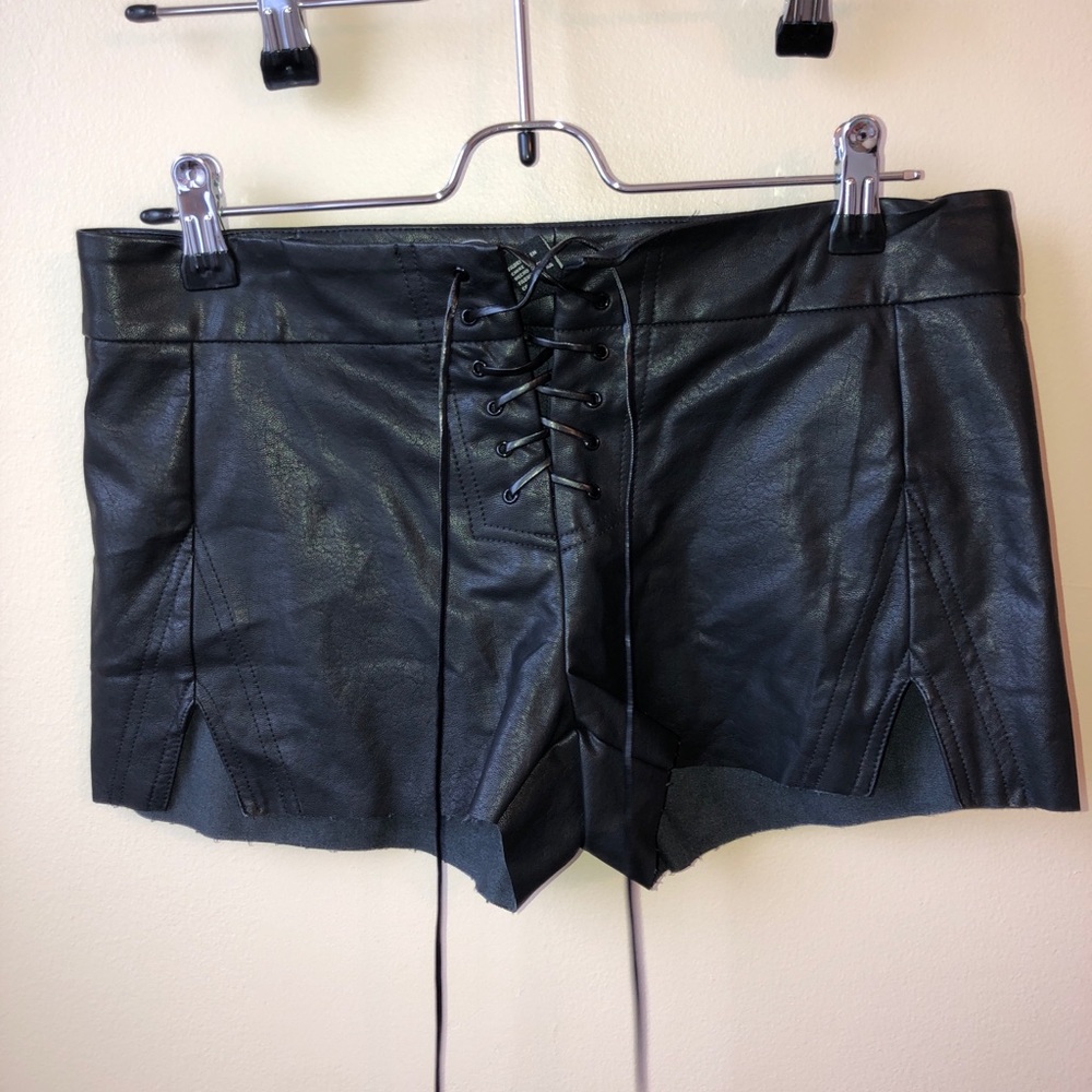 Black faux leather lace up shorts